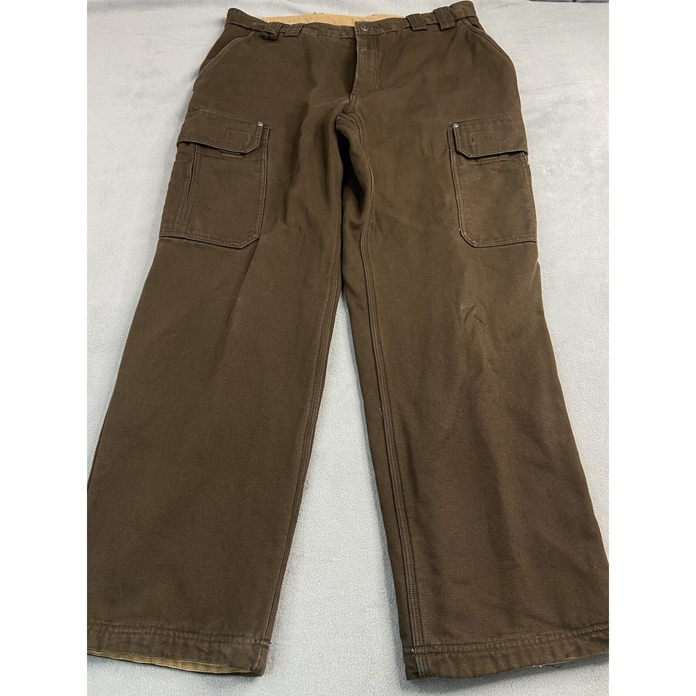 Duluth Pants Mens 38x30 Brown Flex Fire Hose Cargo‎ Canvas Fleece Lined Work